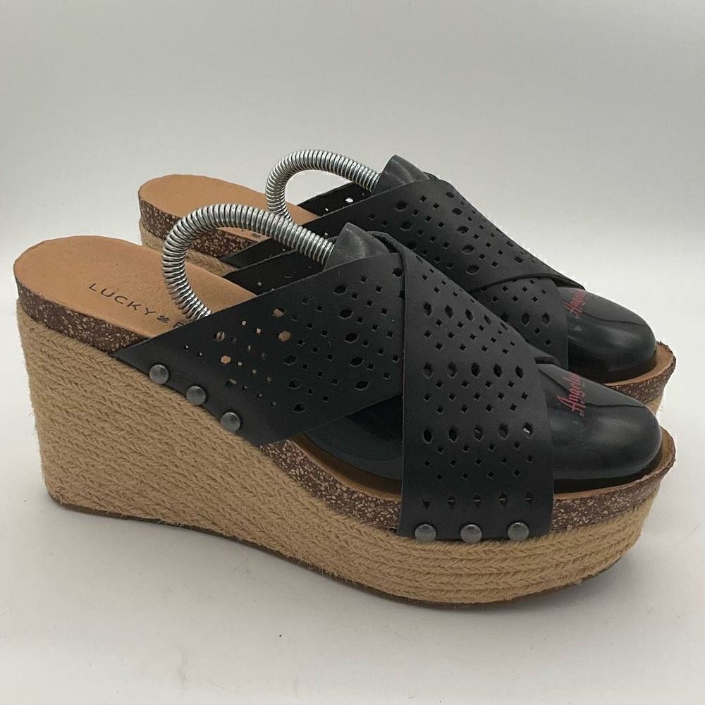 Lucky Brand Women’s Size 10 Neeka Wedge Black Perforated Leather Upper Jute Heel